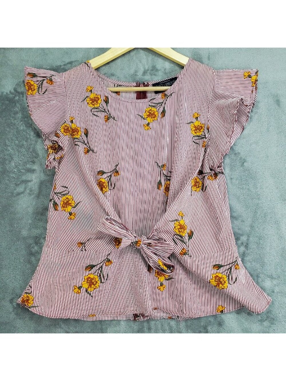 Womens Top Size M Floral Print Short Sleeve Tie Bow Cotton Peplum Boho Cottage